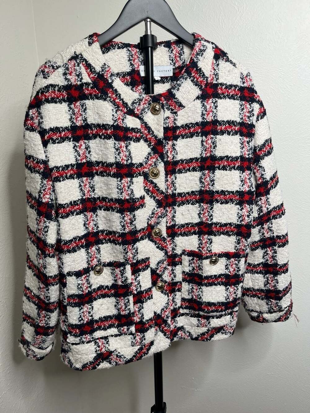 English Factory Plaid Bouclé Tweed Jacket, Textured Blazer